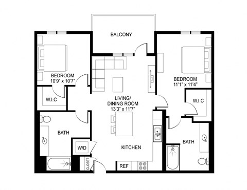 Floor plan for 2 beds, 2 baths, 1012 sqft